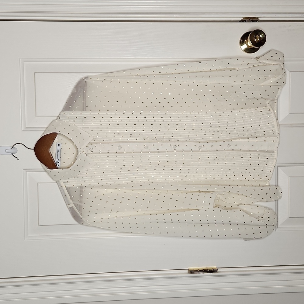 Zara Cream Ivory Gold Polka Dot Pleated Top Size S - Picture 8 of 12